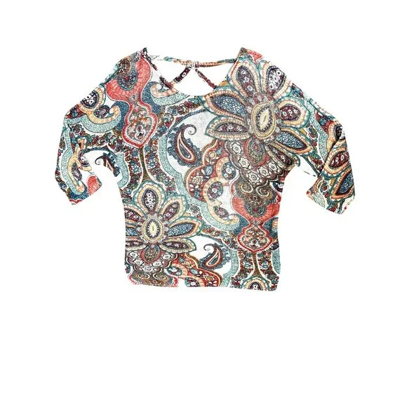 Chicos Size 2 Large Multicolor Tunic Paisley Knit Tunic Boho City Resort Style - Picture 12 of 13